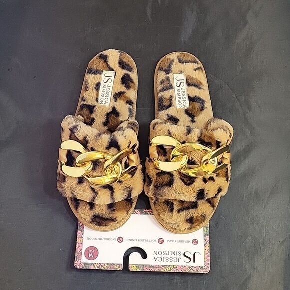 NEW JESSICA SIMPSON WOMEN'S FAUX FUR CHAIN LINK EMBELLISHED SLIDE SLIPPERS - Picture 4 of 12